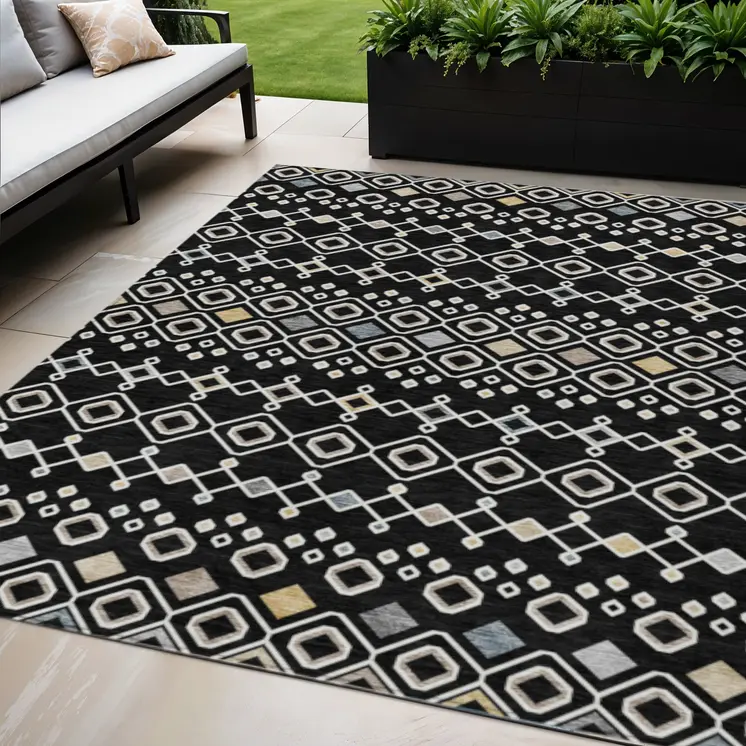 5' X 8' Black Ivory And Blue Geometric Washable Indoor Outdoor Area Rug