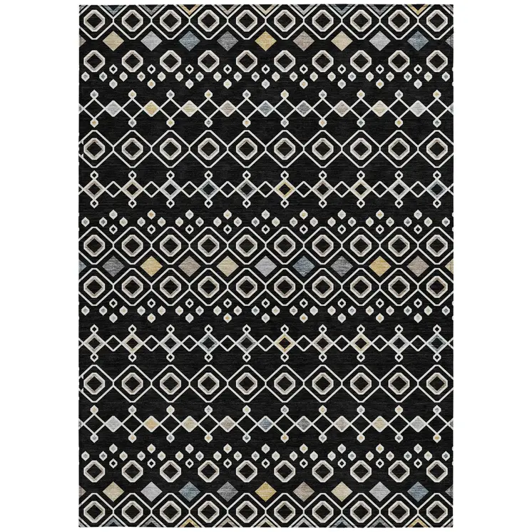 8' X 10' Black Ivory And Blue Geometric Washable Indoor Outdoor Area Rug