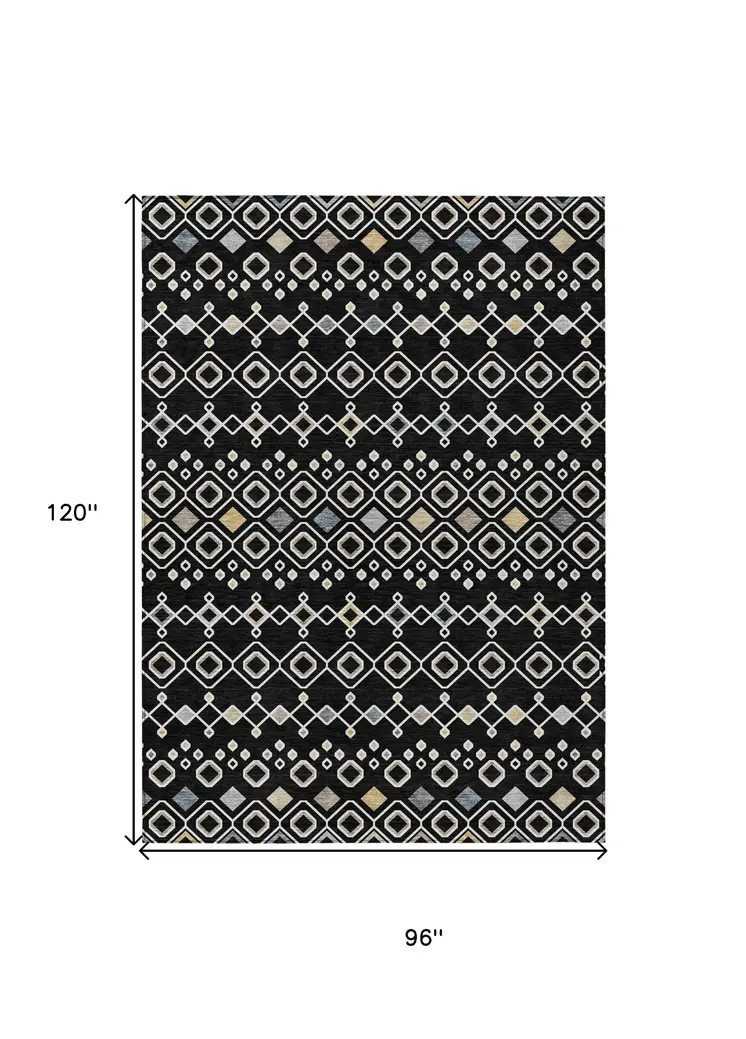 8' X 10' Black Ivory And Blue Geometric Washable Indoor Outdoor Area Rug