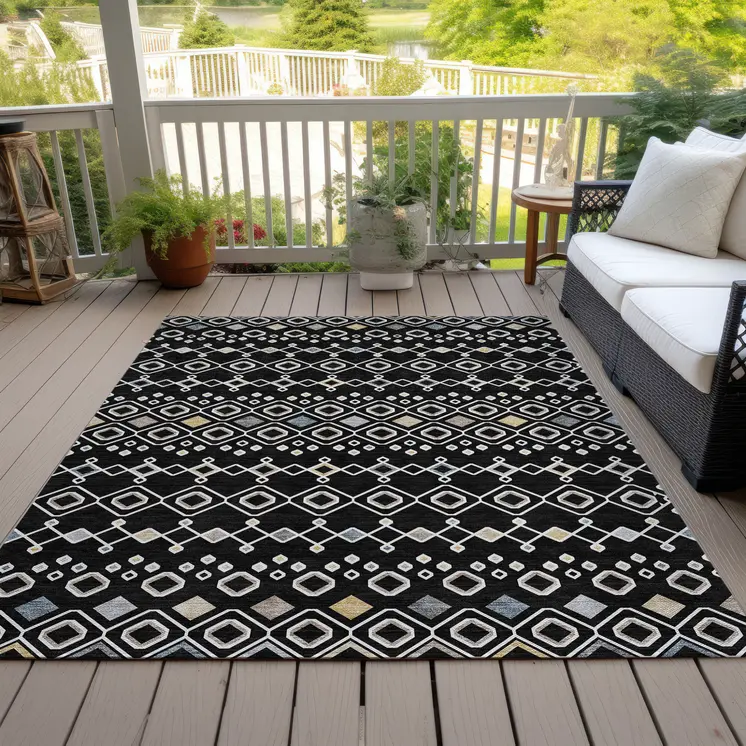 8' X 10' Black Ivory And Blue Geometric Washable Indoor Outdoor Area Rug