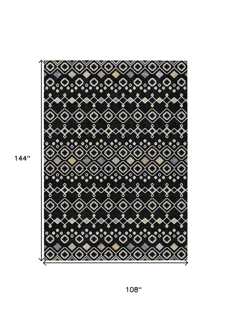 9' X 12' Black Ivory And Blue Geometric Washable Indoor Outdoor Area Rug