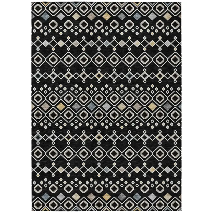 9' X 12' Black Ivory And Blue Geometric Washable Indoor Outdoor Area Rug
