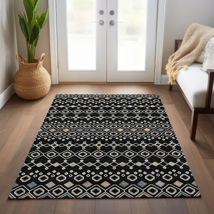 9' X 12' Black Ivory And Blue Geometric Washable Indoor Outdoor Area Rug