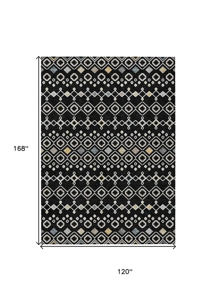 10' X 14' Black Ivory And Blue Geometric Washable Indoor Outdoor Area Rug