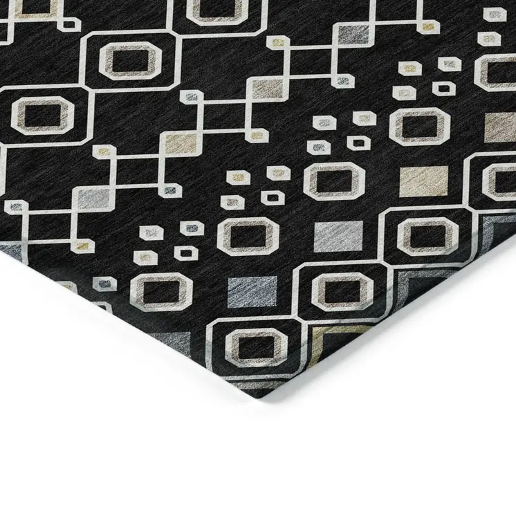 10' X 14' Black Ivory And Blue Geometric Washable Indoor Outdoor Area Rug