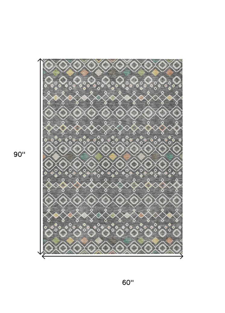 5' X 8' Gray Ivory And Gold Geometric Washable Indoor Outdoor Area Rug