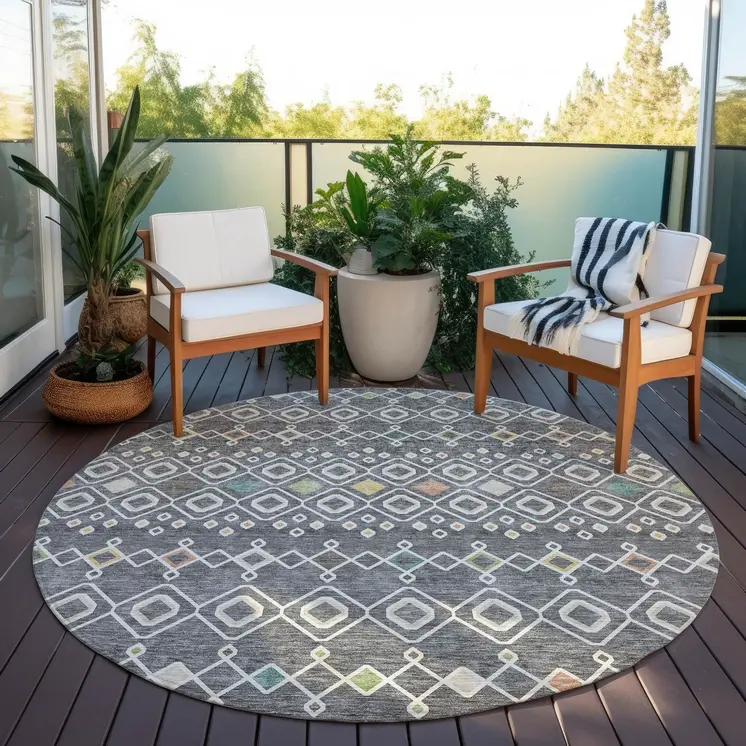 8' Gray Ivory And Gold Round Geometric Washable Indoor Outdoor Area Rug