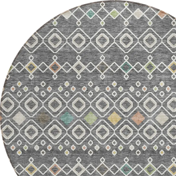 8' Gray Ivory And Gold Round Geometric Washable Indoor Outdoor Area Rug