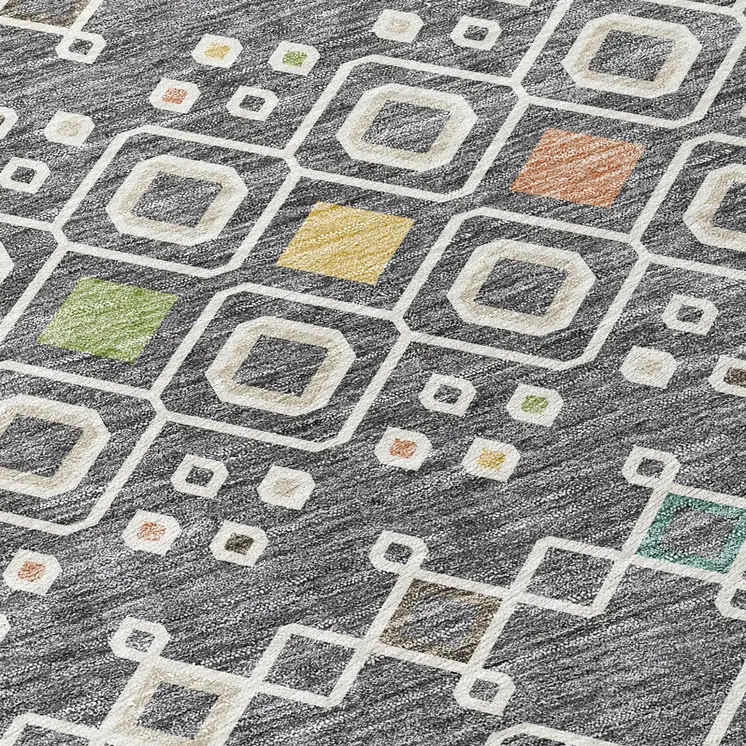 8' Gray Ivory And Gold Round Geometric Washable Indoor Outdoor Area Rug