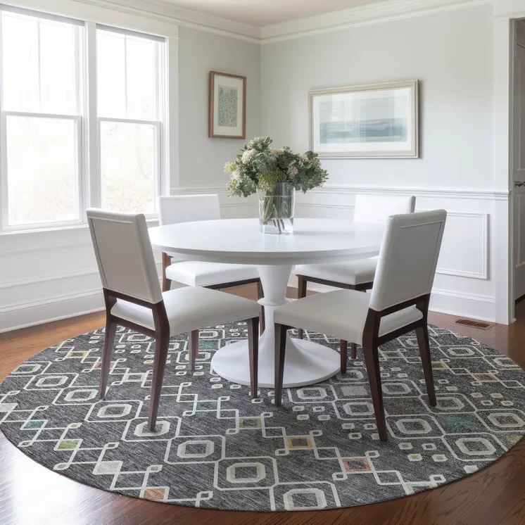 8' Gray Ivory And Gold Round Geometric Washable Indoor Outdoor Area Rug