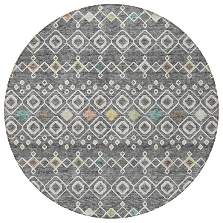 8' Gray Ivory And Gold Round Geometric Washable Indoor Outdoor Area Rug