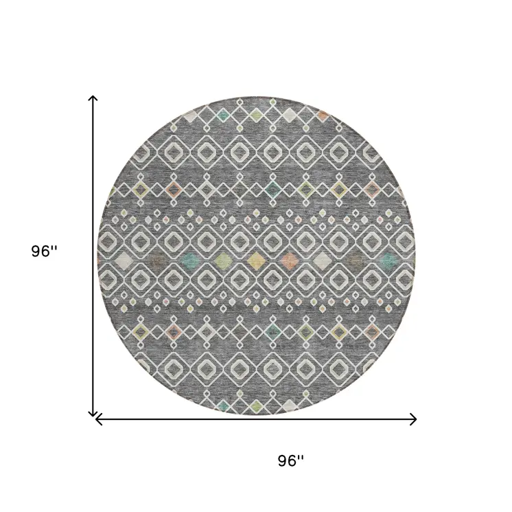 8' Gray Ivory And Gold Round Geometric Washable Indoor Outdoor Area Rug