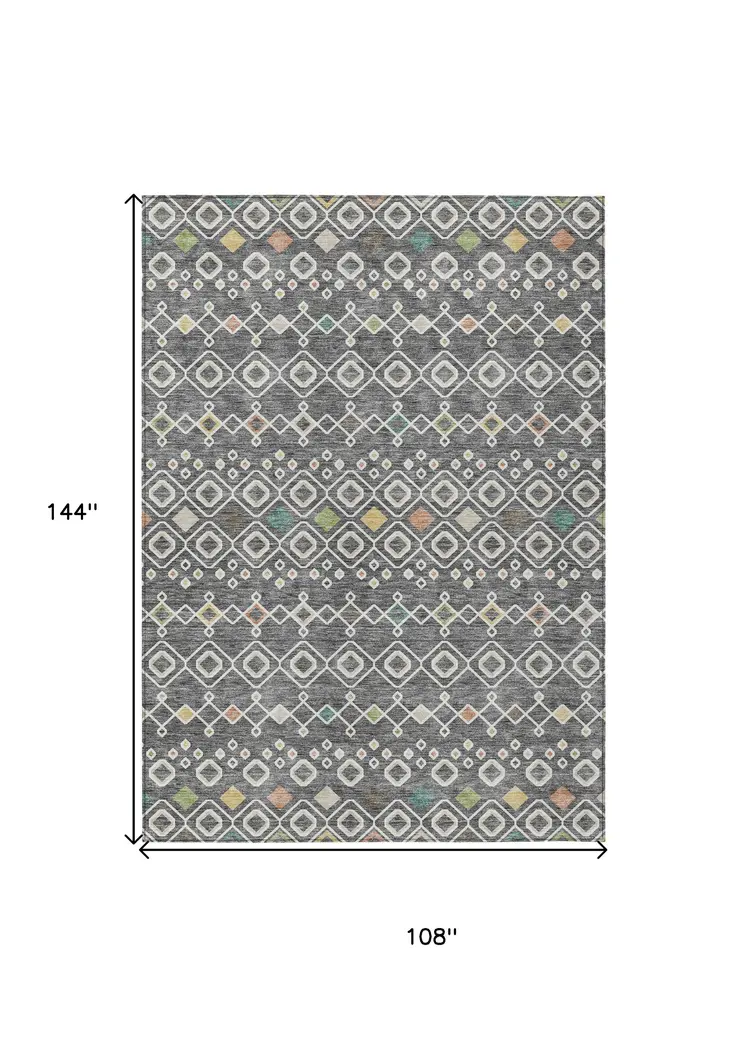 9' X 12' Gray Ivory And Gold Geometric Washable Indoor Outdoor Area Rug