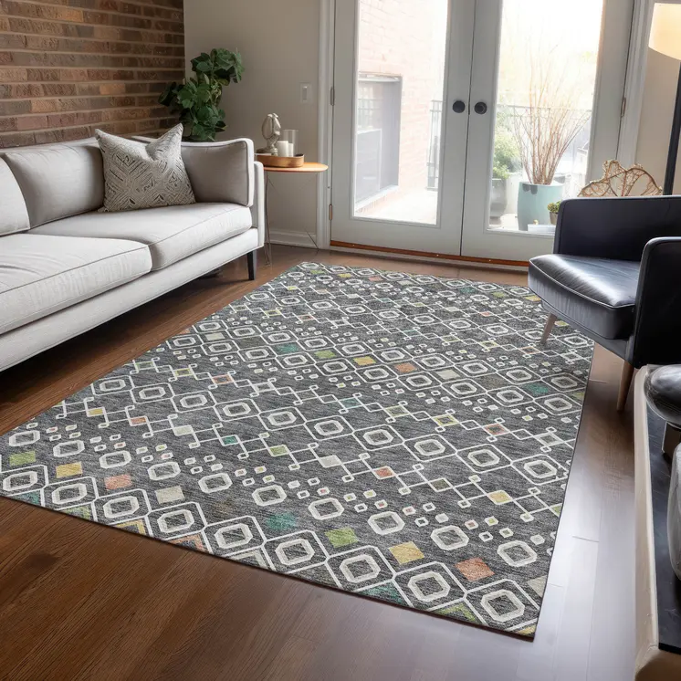 9' X 12' Gray Ivory And Gold Geometric Washable Indoor Outdoor Area Rug