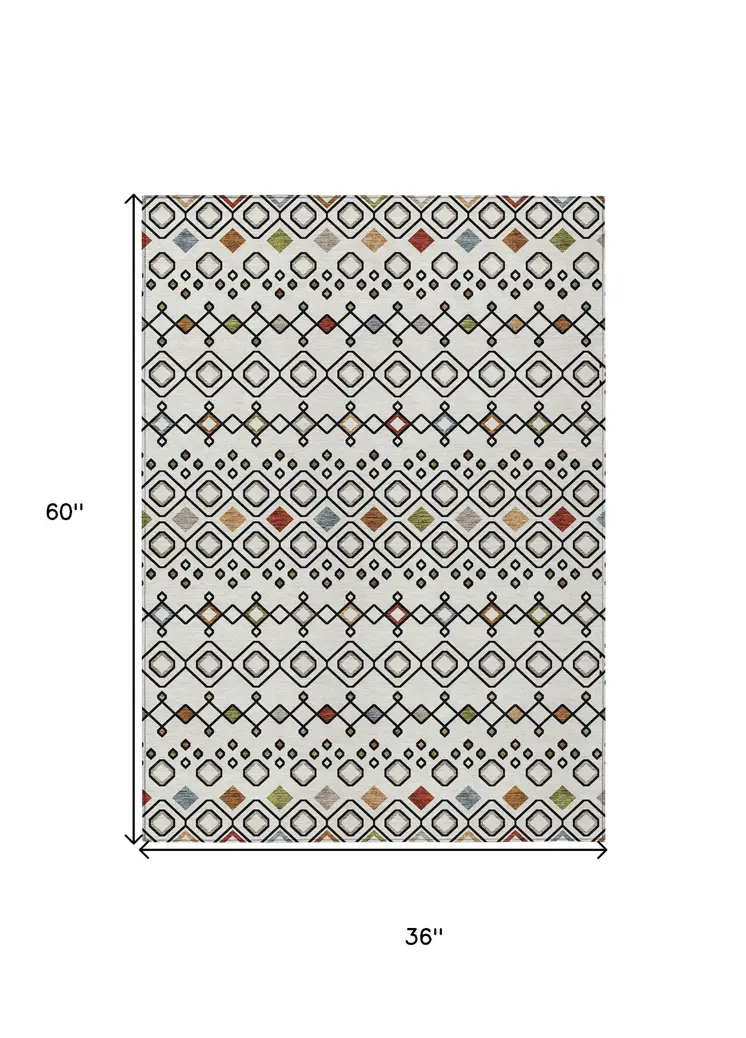 3' X 5' Ivory Red And Gray Geometric Washable Indoor Outdoor Area Rug