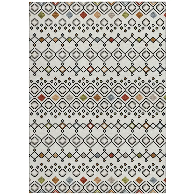 5' X 8' Ivory Red And Gray Geometric Washable Indoor Outdoor Area Rug