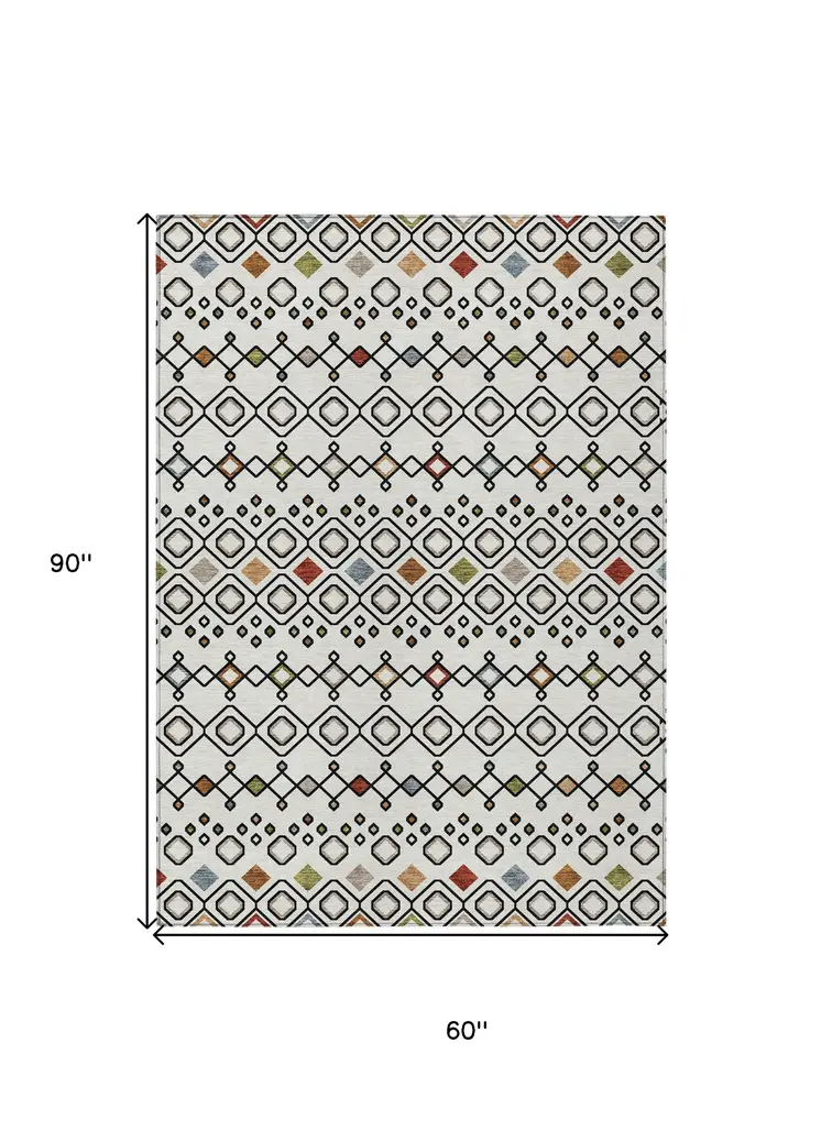 5' X 8' Ivory Red And Gray Geometric Washable Indoor Outdoor Area Rug