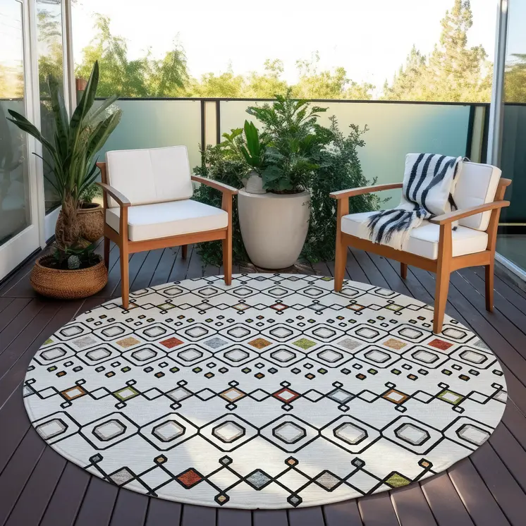8' Ivory Red And Gray Round Geometric Washable Indoor Outdoor Area Rug