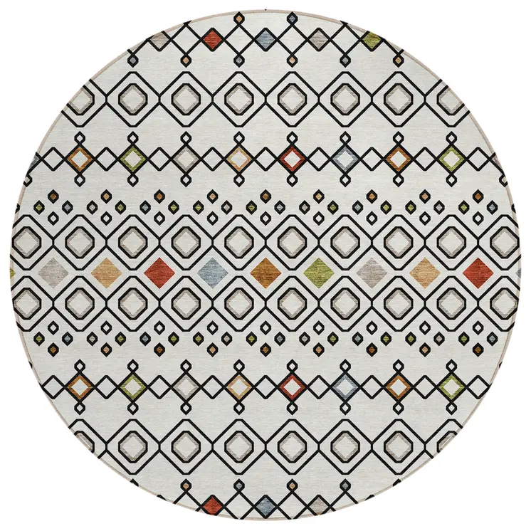 8' Ivory Red And Gray Round Geometric Washable Indoor Outdoor Area Rug