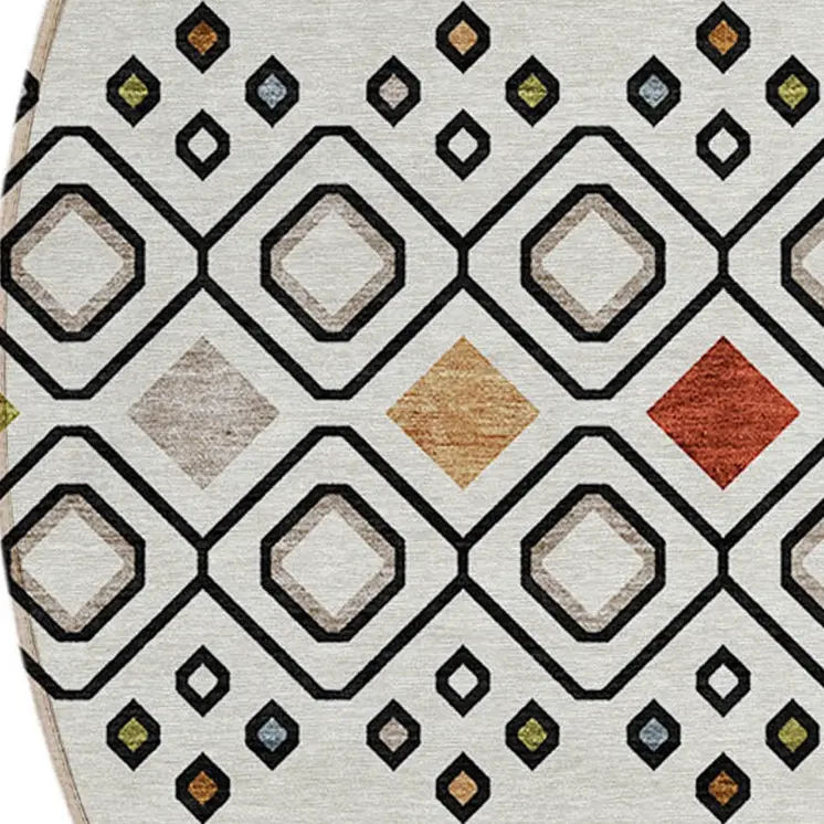8' Ivory Red And Gray Round Geometric Washable Indoor Outdoor Area Rug