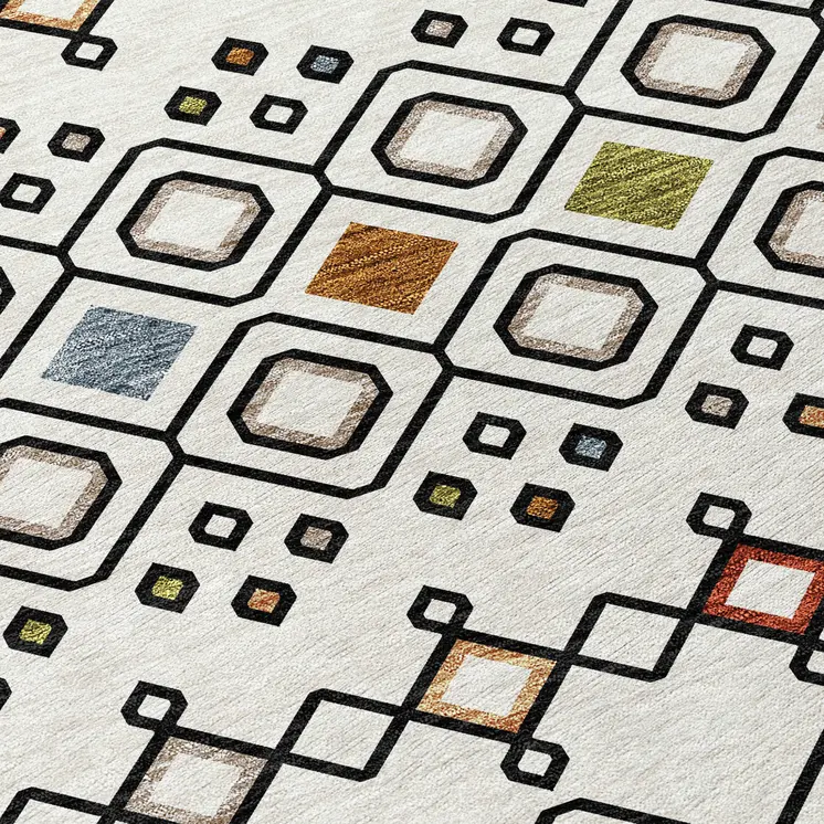8' Ivory Red And Gray Round Geometric Washable Indoor Outdoor Area Rug