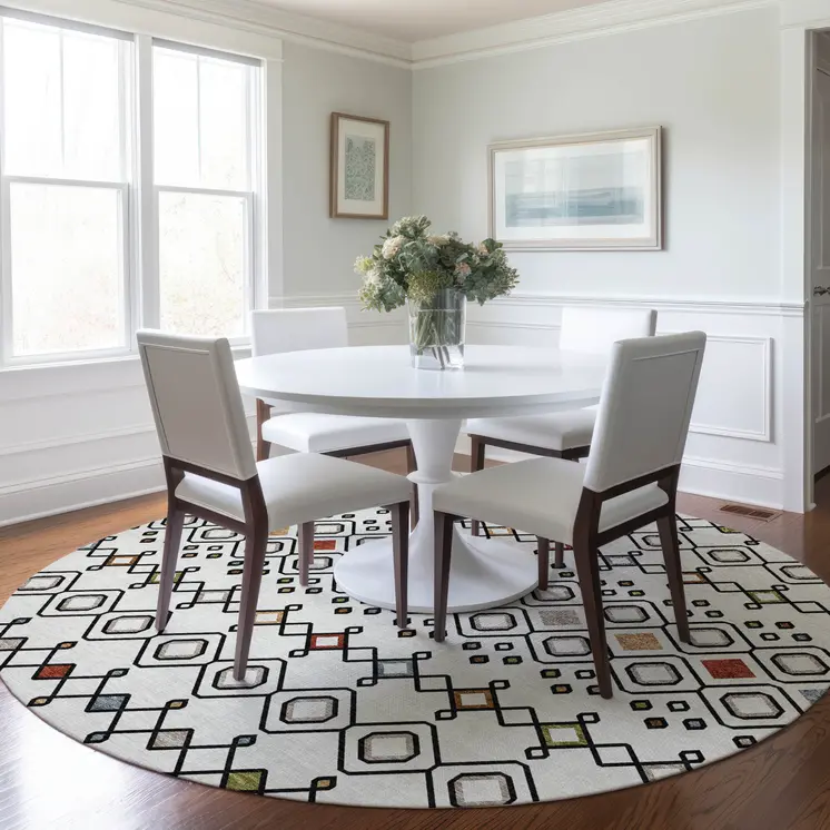 8' Ivory Red And Gray Round Geometric Washable Indoor Outdoor Area Rug