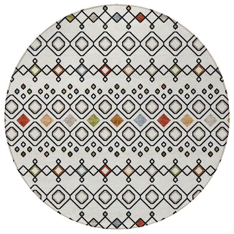 8' Ivory Red And Gray Round Geometric Washable Indoor Outdoor Area Rug