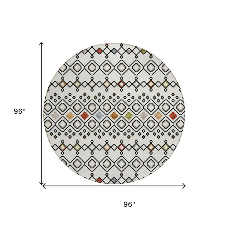 8' Ivory Red And Gray Round Geometric Washable Indoor Outdoor Area Rug