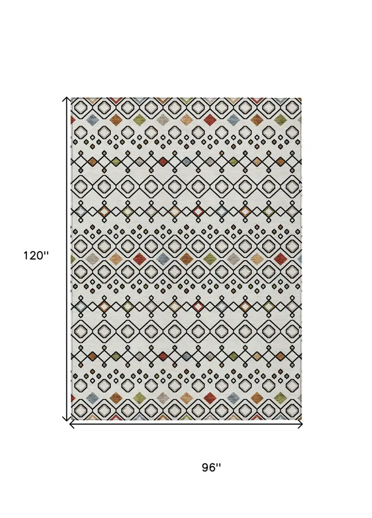 8' X 10' Ivory Red And Gray Geometric Washable Indoor Outdoor Area Rug
