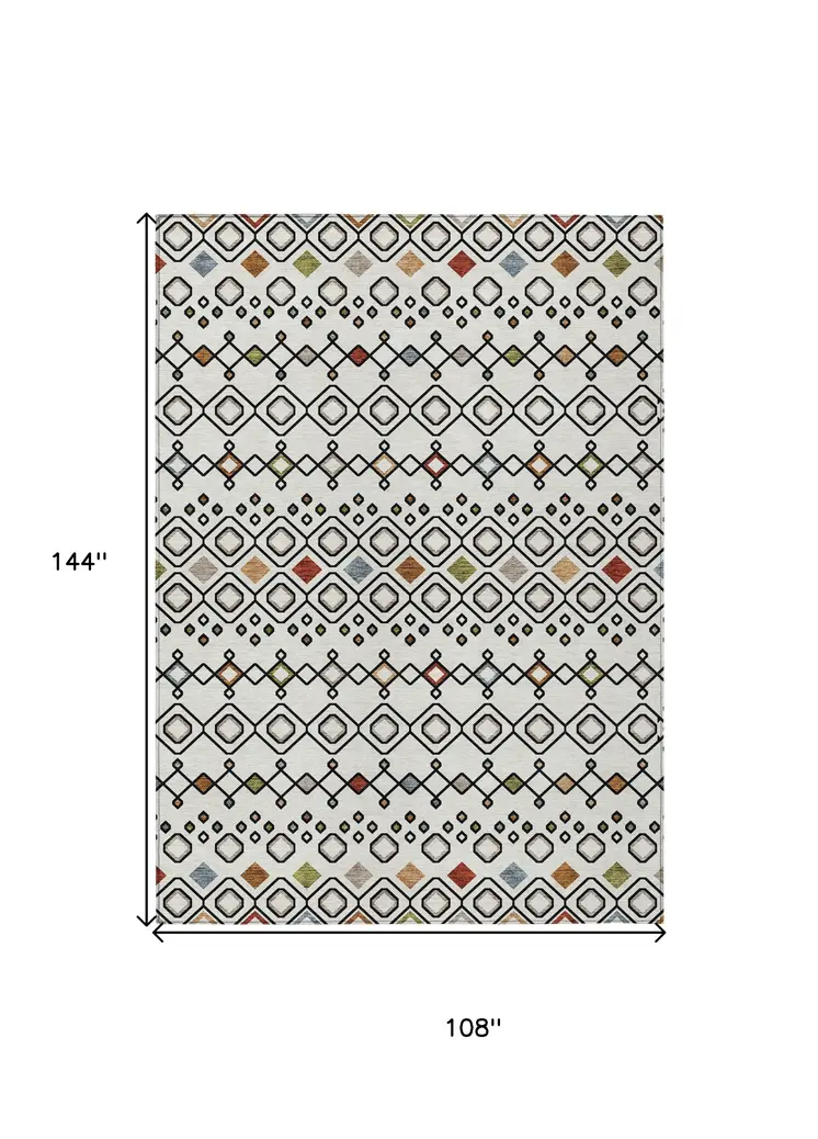 9' X 12' Ivory Red And Gray Geometric Washable Indoor Outdoor Area Rug