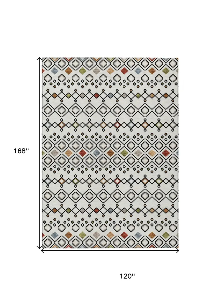 10' X 14' Ivory Red And Gray Geometric Washable Indoor Outdoor Area Rug