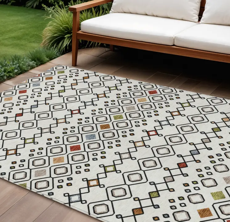 10' X 14' Ivory Red And Gray Geometric Washable Indoor Outdoor Area Rug