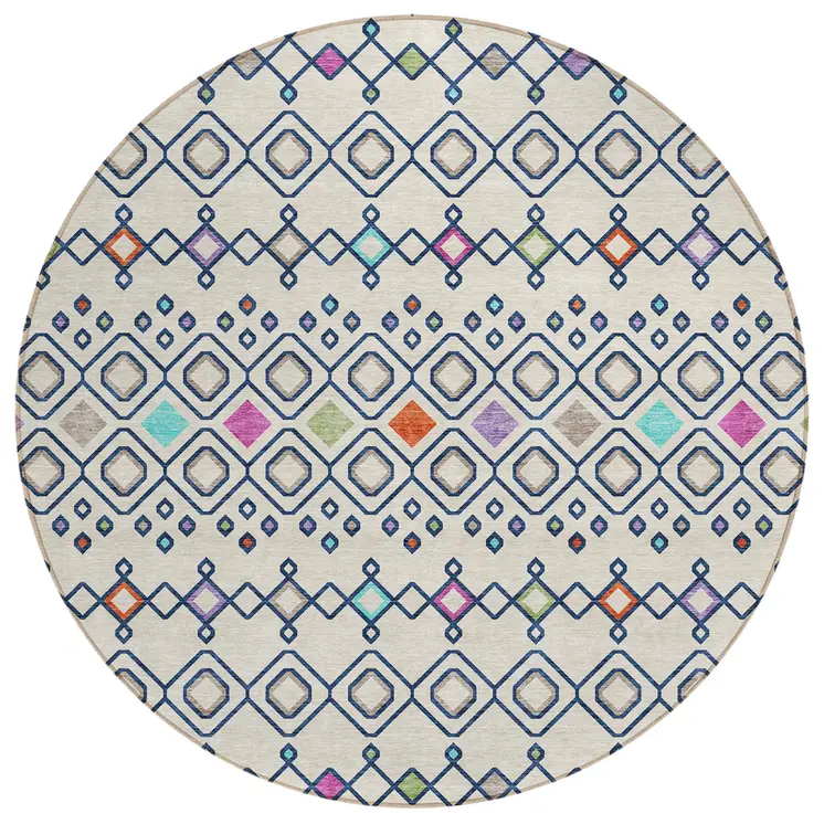 8' Linen Pink And Orange Round Geometric Washable Indoor Outdoor Area Rug