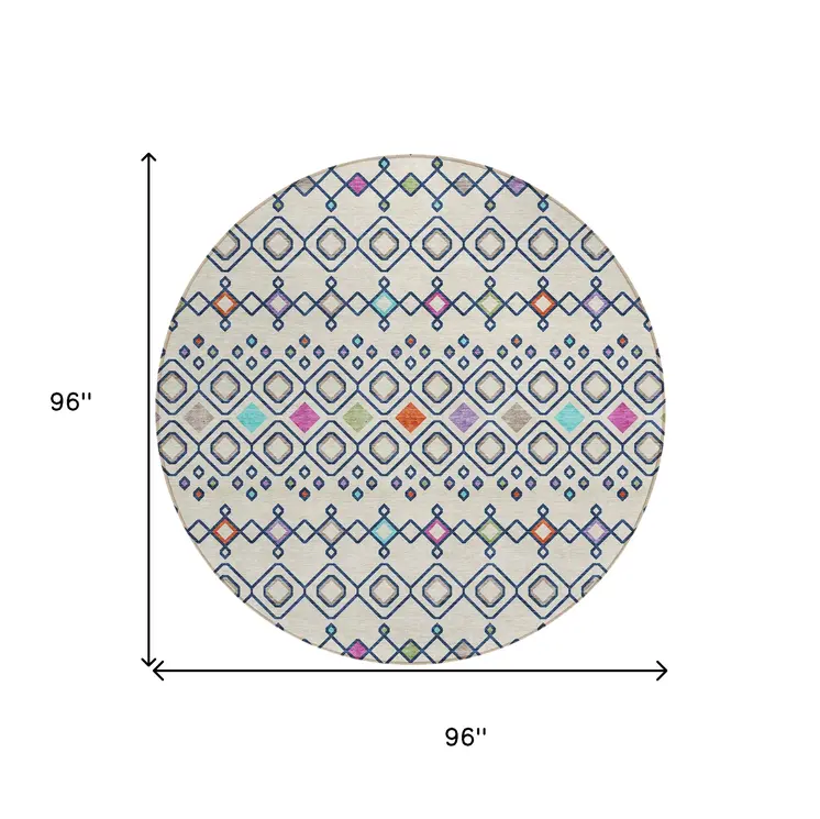 8' Linen Pink And Orange Round Geometric Washable Indoor Outdoor Area Rug