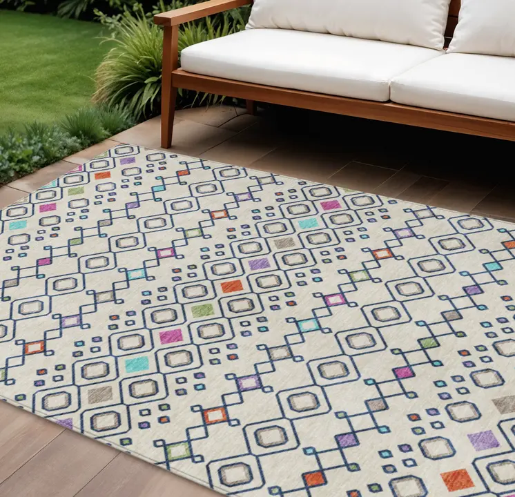 8' X 10' Linen Pink And Orange Geometric Washable Indoor Outdoor Area Rug
