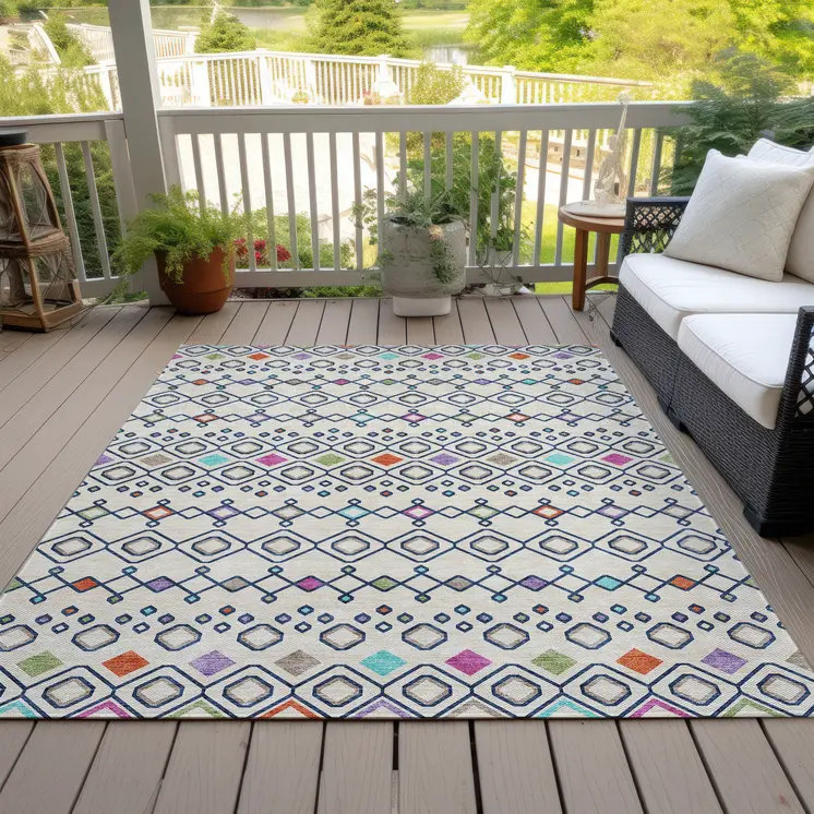 8' X 10' Linen Pink And Orange Geometric Washable Indoor Outdoor Area Rug