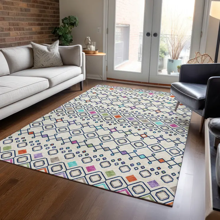 8' X 10' Linen Pink And Orange Geometric Washable Indoor Outdoor Area Rug