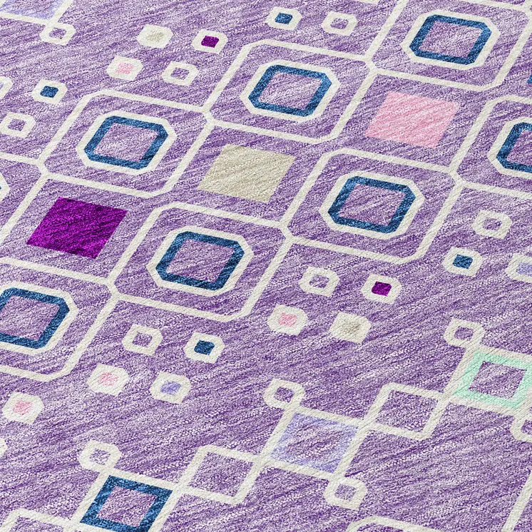 5' X 8' Lavender Ivory And Blue Geometric Washable Indoor Outdoor Area Rug