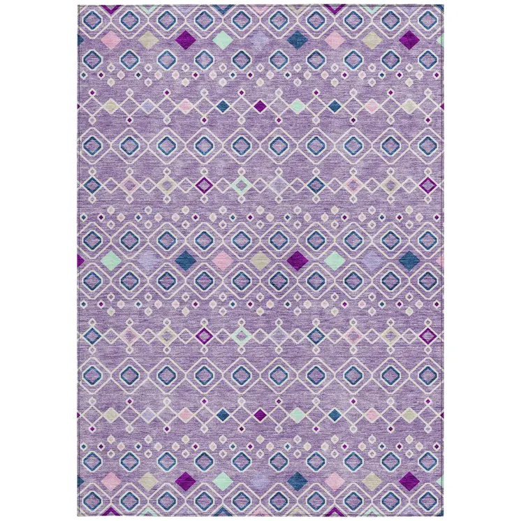 8' X 10' Lavender Ivory And Blue Geometric Washable Indoor Outdoor Area Rug