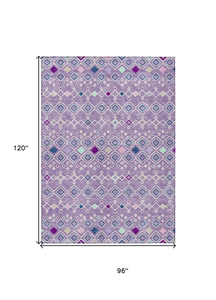 8' X 10' Lavender Ivory And Blue Geometric Washable Indoor Outdoor Area Rug