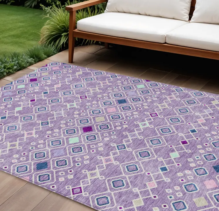 8' X 10' Lavender Ivory And Blue Geometric Washable Indoor Outdoor Area Rug