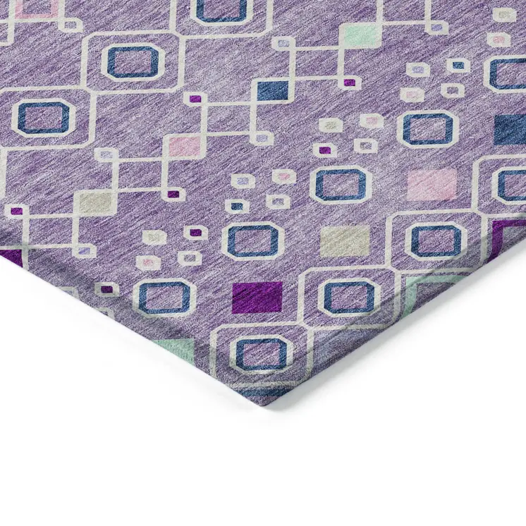 8' X 10' Lavender Ivory And Blue Geometric Washable Indoor Outdoor Area Rug