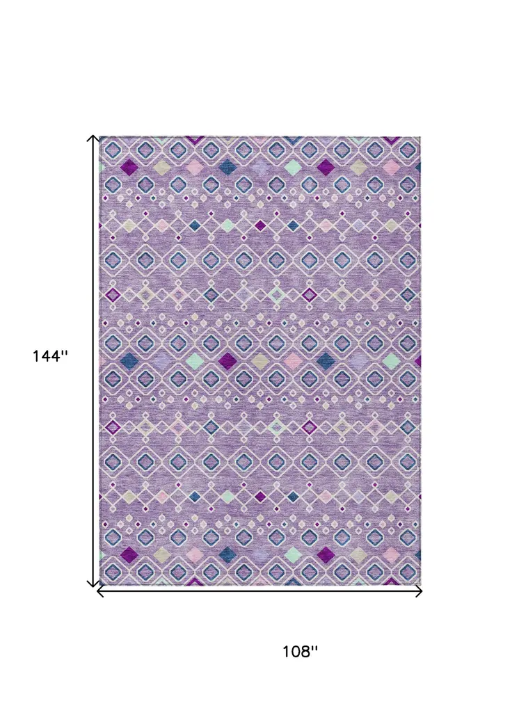9' X 12' Lavender Ivory And Blue Geometric Washable Indoor Outdoor Area Rug