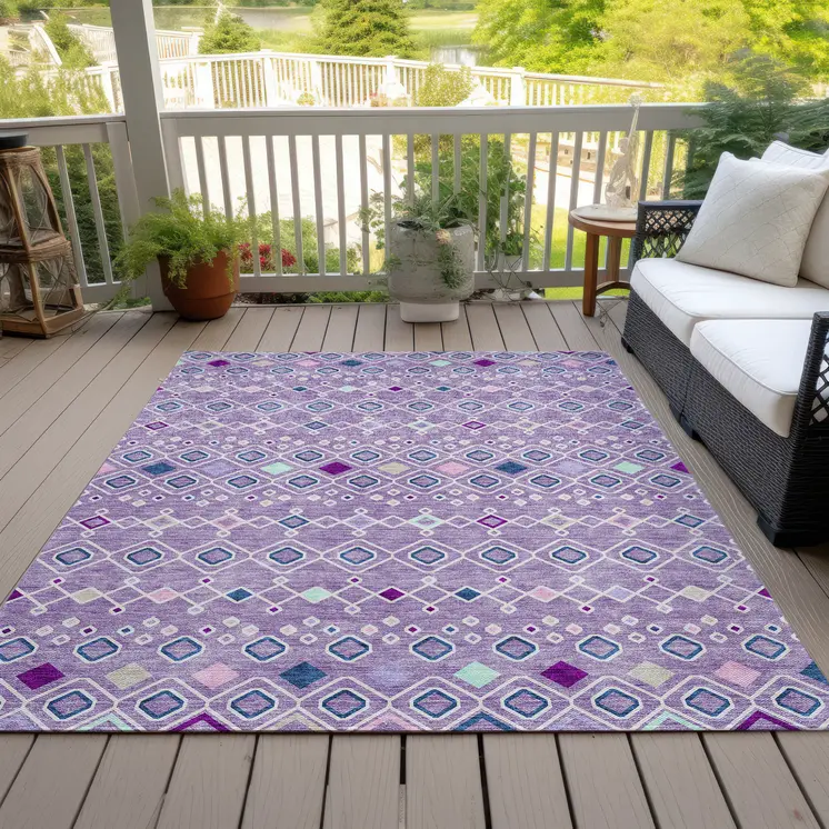 9' X 12' Lavender Ivory And Blue Geometric Washable Indoor Outdoor Area Rug