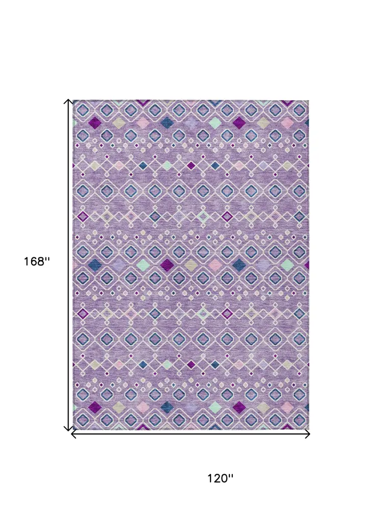 10' X 14' Lavender Ivory And Blue Geometric Washable Indoor Outdoor Area Rug