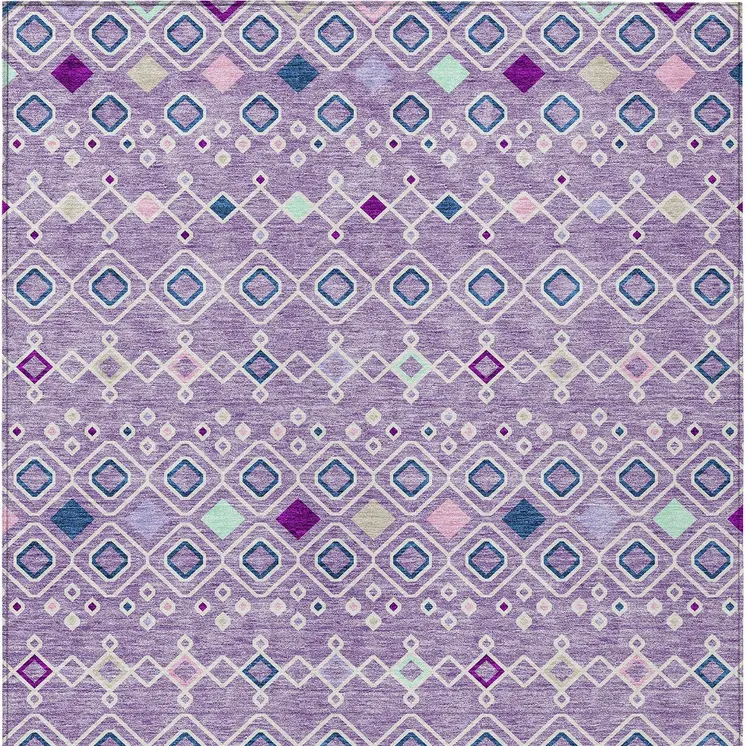 10' X 14' Lavender Ivory And Blue Geometric Washable Indoor Outdoor Area Rug