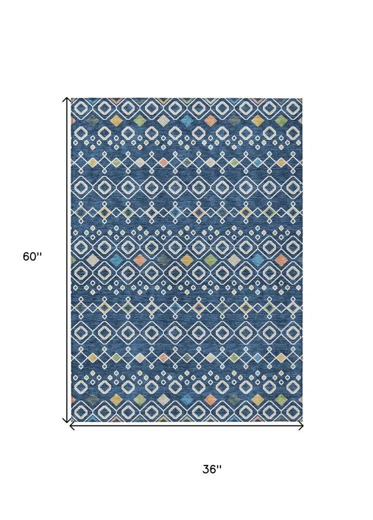 3' X 5' Navy Blue Ivory And Peach Geometric Washable Indoor Outdoor Area Rug