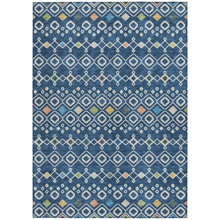 5' X 8' Navy Blue Ivory And Peach Geometric Washable Indoor Outdoor Area Rug