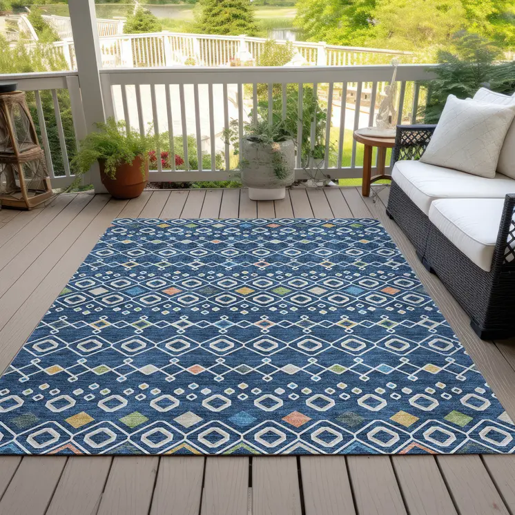 5' X 8' Navy Blue Ivory And Peach Geometric Washable Indoor Outdoor Area Rug