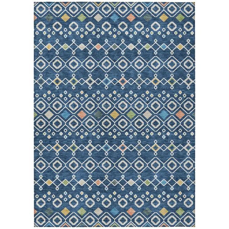 5' X 8' Navy Blue Ivory And Peach Geometric Washable Indoor Outdoor Area Rug